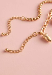 Guld kæde med runde og ovale led, prydet med en ekorn vedhæng. Poleret overflade, teksturerede detaljer på ekornet, sat mod en pink baggrund.