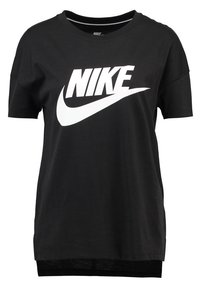 Schwarzes Baumwoll-T-Shirt mit kurzen Ärmeln, ausgestattet mit einem großen weißen Nike-Logo auf der Vorderseite und einem klassischen Rundhalsausschnitt.