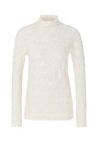White long-sleeve turtleneck top made from textured material with a geometric pattern, featuring a high neck and fitted design.