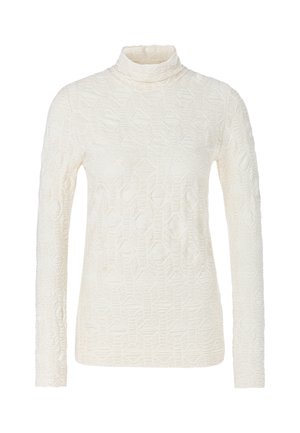 White long-sleeve turtleneck top made from textured material with a geometric pattern, featuring a high neck and fitted design.