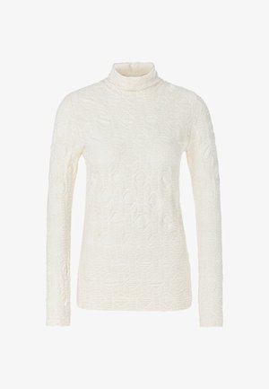White long-sleeve turtleneck top made from textured material with a geometric pattern, featuring a high neck and fitted design.