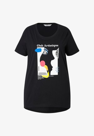 Schwarzes Baumwoll-T-Shirt mit Rundhalsausschnitt, das einen grafischen Druck in Blau, Gelb, Pink und Weiß zeigt. Lockerer Schnitt mit kurzen Ärmeln.