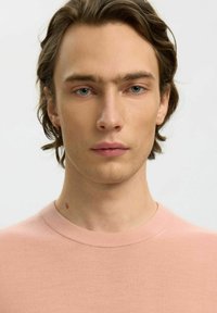 Jeune homme aux cheveux bruns mi-longs et aux yeux bleus, portant un pull rose clair à col rond, regardant devant lui avec une expression neutre.