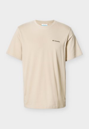 Beiges Baumwoll-T-Shirt mit kurzen Ärmeln, rundem Halsausschnitt und kleinem schwarzem Logo auf der linken Brust. Glatte Textur und normale Passform.