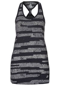 Black Nike tank top with white horizontal stripes, featuring cross-back straps and a lightweight, textured fabric. Logo located at the bottom right.