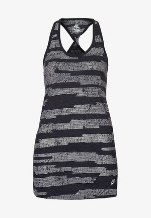 Black Nike tank top with white horizontal stripes, featuring cross-back straps and a lightweight, textured fabric. Logo located at the bottom right.