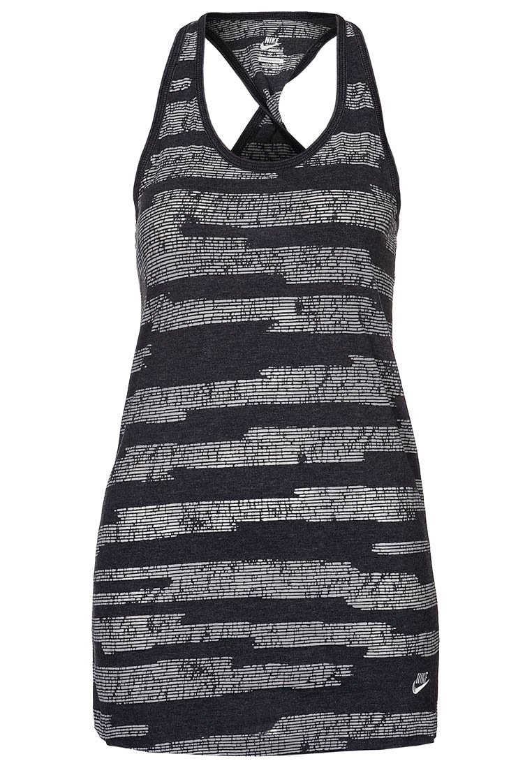 Black Nike tank top with white horizontal stripes, featuring cross-back straps and a lightweight, textured fabric. Logo located at the bottom right.