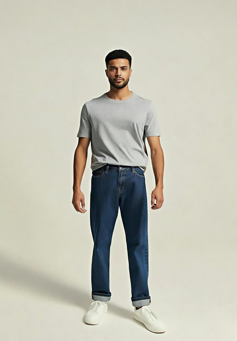 Hombre de pie mirando al frente, vestido con una camiseta gris claro, jeans azules oscuros arremangados en los puños y zapatillas blancas en un fondo beige.