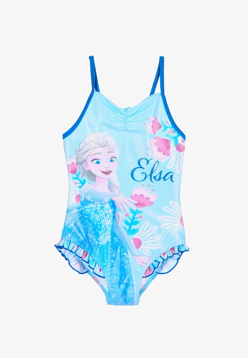 Maillot de bain en tissu bleu clair, avec de fines bretelles bleues, un ourlet volanté et une image imprimée d'un personnage parmi des motifs floraux.