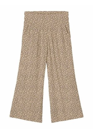 Pantalon beige à jambes larges avec un petit motif floral blanc et une ceinture élastique.