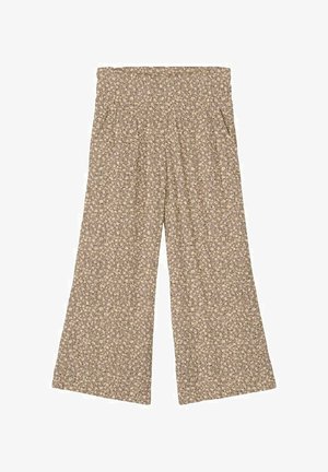 Pantalon beige à jambes larges avec un petit motif floral blanc et une ceinture élastique.