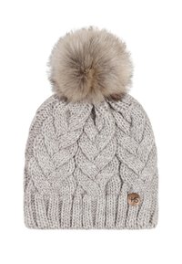 Gray knitted beanie with a textured cable design, topped with a fur pom-pom. Features a small metal brand tag on the side.