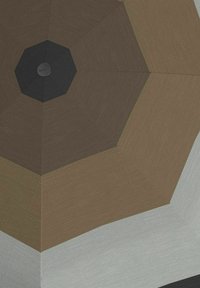 Parapluie de forme octogonale, avec un tissu texturé dans des nuances de marron et de gris, et un hub central noir avec un design géométrique.
