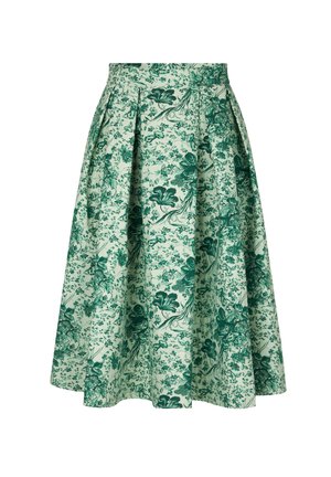 Green floral patterned pleated midi skirt with fitted waistband on white background.