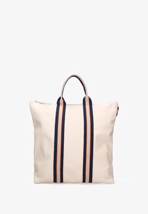 Sac à main en cuir crème avec des poignées rayées navy et orange, de forme rectangulaire, fermeture éclair et surface texturée.