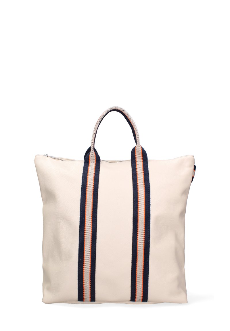 Borsa tote in pelle crema con manici a strisce blu e arancioni, forma rettangolare, chiusura con zip e superficie testurizzata.