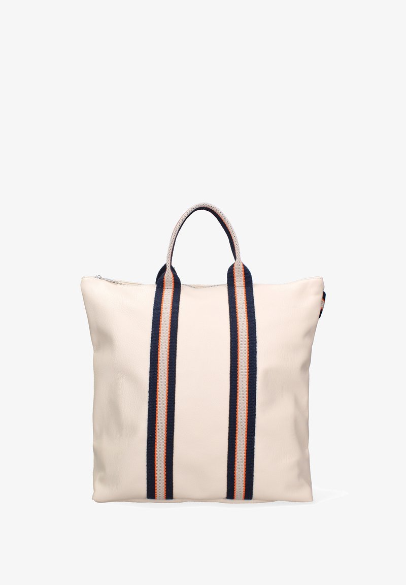 Borsa tote in pelle crema con manici a strisce blu e arancioni, forma rettangolare, chiusura con zip e superficie testurizzata.