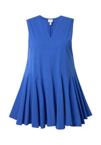 Abito blu senza maniche con scollo a V, caratterizzato da una gonna svasata con pieghe verticali per una maggiore texture. Realizzato in un tessuto morbido.
