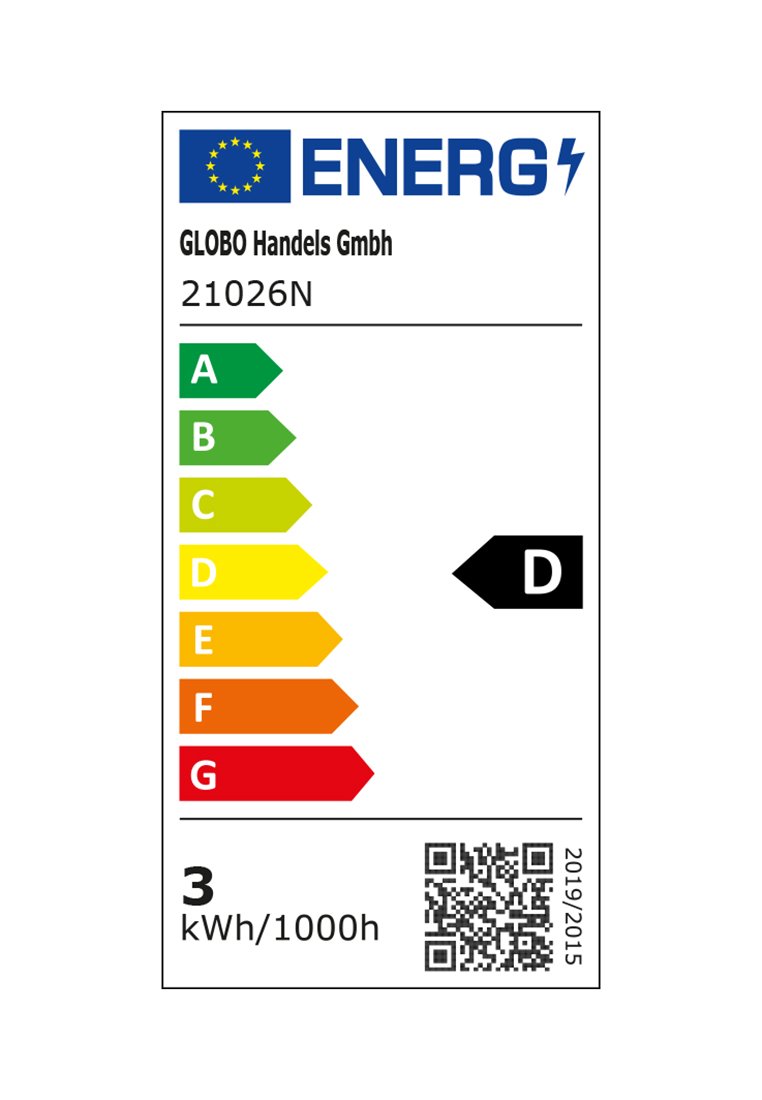 Etykieta energetyczna z logo "ENERG", z ocenami od A do G w kolorowych strzałkach. Oznaczona klasa efektywności D oraz szczegóły poniżej.