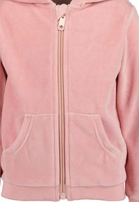 Felpa con zip rosa realizzata in morbido materiale fleece. Presenta una zip frontale, due tasche laterali e un cappuccio. Tessuto liscio con polsini a coste.