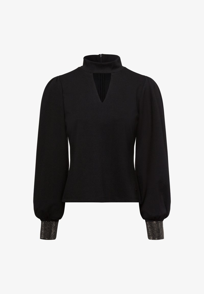 Schwarze Bluse mit hohem Kragen, Front-Ausschnitt und langen Puffärmeln. Die Bündchen besitzen ein strukturiertes metallisches Detail für zusätzlichen Akzent.