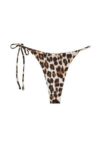 Bikiny s leopardím vzorom, vysoko strihané, s nastaviteľnými šnúrkami po stranách a vyrobené z elastického materiálu.