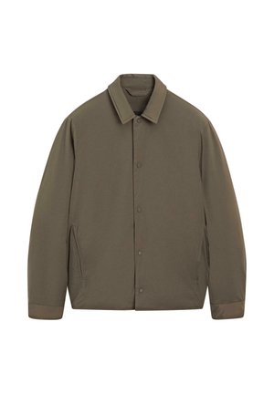 Giacca verde oliva con chiusura a bottoni, colletto a punta e tasche laterali. Realizzata in tessuto liscio con vestibilità comoda e maniche lunghe.