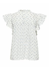 Blouse blanche à manches courtes avec petit motif floral bleu, col à volants et fermeture par boutons dans le dos.