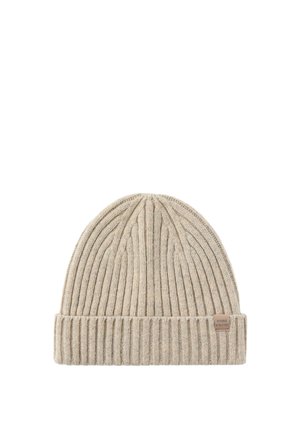 Beżowa prążkowana dzianinowa czapka typu beanie z podwiniętym mankietem i małą prostokątną metką z boku z napisem "Diverse Athletics."