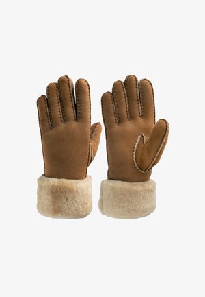 Guanti in pelle color cuoio con un morbido polsino in pelliccia. Le caratteristiche includono una superficie liscia, dettagli di cucitura e un design con thumb angolato per la destrezza.