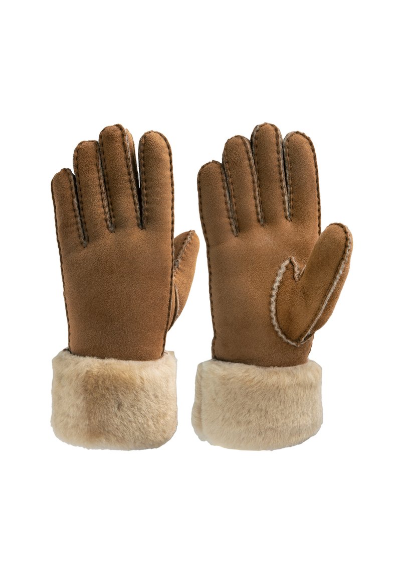Kožené rukavice v tan barvě s měkkým koženým manžetovým lemem. Mezi vlastnostmi je hladký povrch, detaily šití a zkosený design palce pro obratnost.