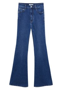 Tmavě modré džínové kalhoty s vysokým pasem, širokými zvonovými nohavicemi, předními kapsami a zapínáním na knoflíky.