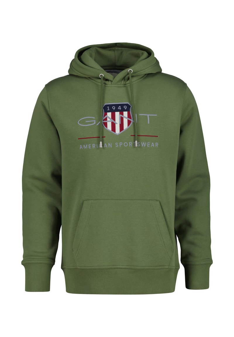 Felpa verde con cappuccio realizzata in tessuto morbido con tasca frontale, caratterizzata da un logo a scudo in rosso, bianco e blu. Cappuccio con coulisse e polsini a costine.