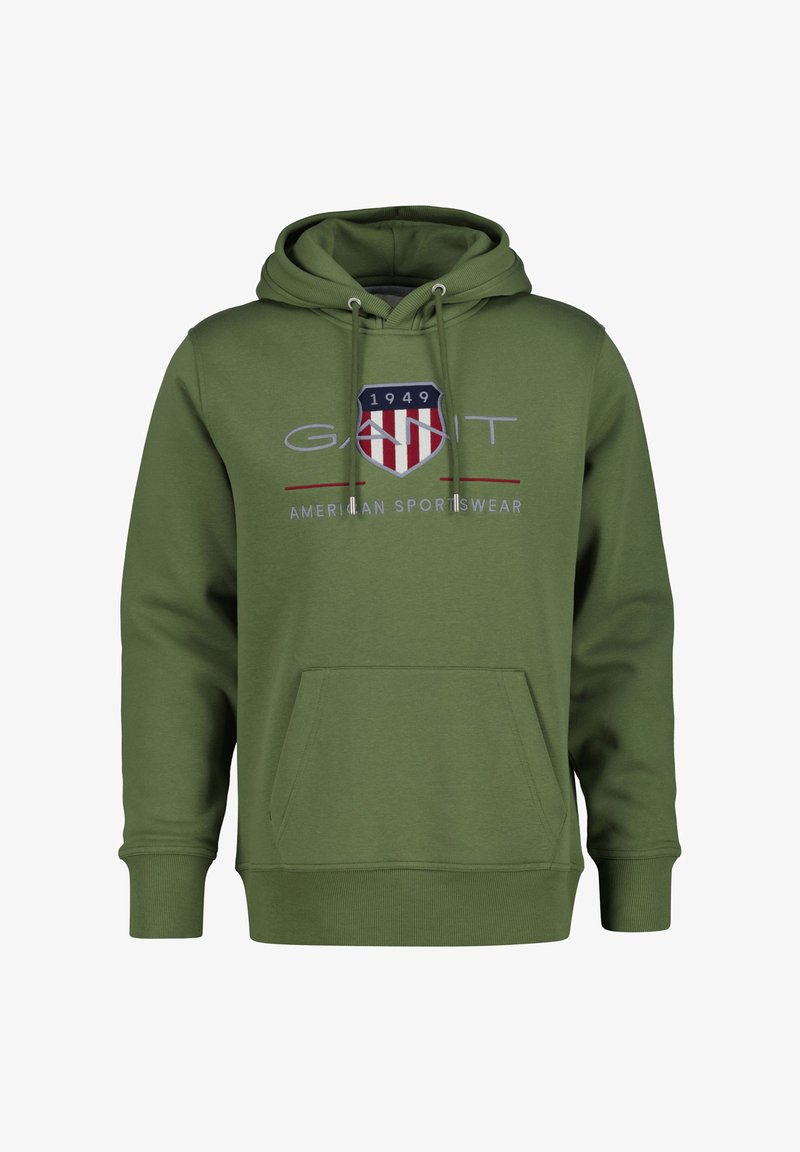 Felpa verde con cappuccio realizzata in tessuto morbido con tasca frontale, caratterizzata da un logo a scudo in rosso, bianco e blu. Cappuccio con coulisse e polsini a costine.