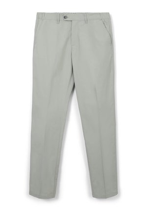 Light gray trousers made of woven fabric, featuring a button closure, two front pockets, and a tailored fit. Smooth texture and straight leg design.