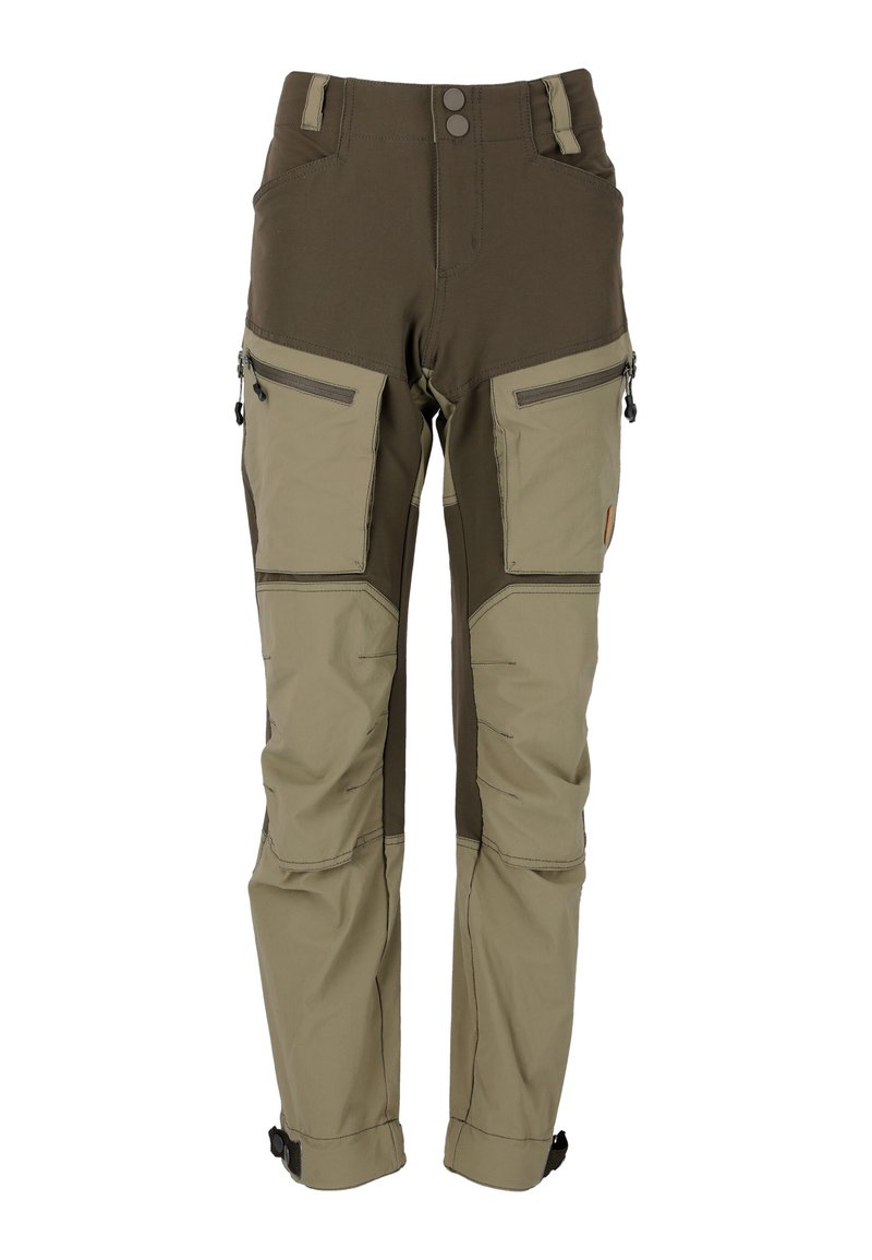 Herrers friluftsbukser i brunt och beige med flera zip-fickor, förstärkta knän, justerbara ankelremmar och en blandning av slitstarka material.
