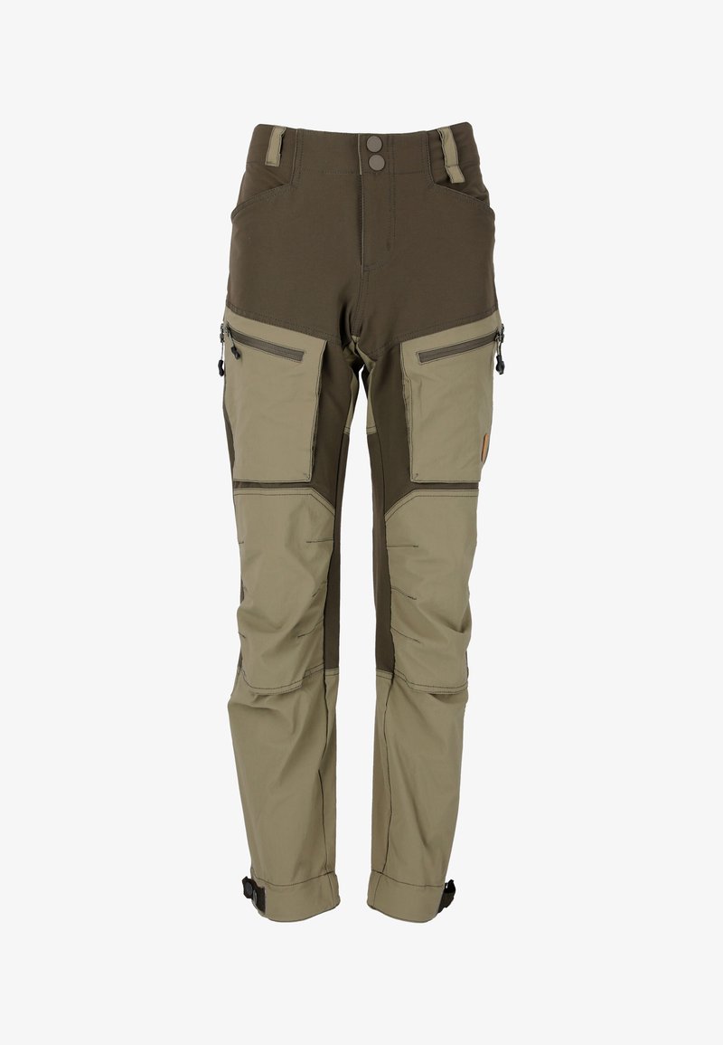 Heren outdoorbroek in bruin en beige met meerdere ritszakken, versterkte knieën, verstelbare enkelbanden en een mix van duurzame materialen.
