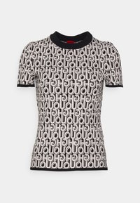 Kurze Ärmel Strick-T-Shirt in einem beigen und schwarzen Muster mit wiederholten Buchstaben. Rippkragen und Saumdetails in Schwarz. Weiche Textur.