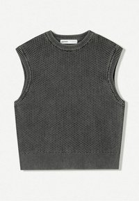 Ärmlös tröja med ett texturerat stickat mönster i mörkgrått, med en ribbad halsringning och fåll. Minimalistisk stil med en boxig form.