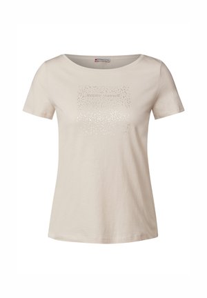 Beige Kurzarm-T-Shirt aus Baumwolle. Verfügt über einen runden Halsausschnitt und einen dekorativen Druck mit dem Text "inspire yourself" in metallischen Punkten.