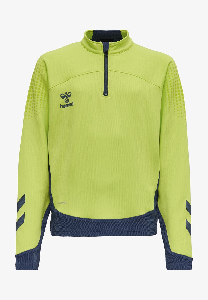 Grön långärmad tröja med halvvideskrage, marinblå detaljer, prickig textur på ärmarna och "hummel"-logotyp på bröstet.
