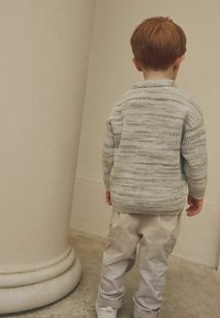 Grå stribet striktrøje med krave, parret med lyse beige cargobukser og hvide sneakers, set fra ryggen mod en neutral baggrund.