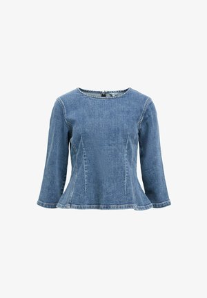 Sinine teksatop, millel on pikad varrukad, ümar kaelus ja peplum-disain. Omab õmbluse detaile ja lukku seljaosas.