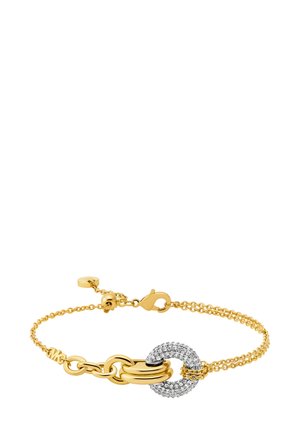Gold chain bracelet featuring a circular charm adorned with clear crystals, interlocking links, and a secure lobster clasp.