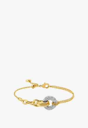 Gouden kettingarmband met een ronde bedel versierd met heldere kristallen, ingeweven schakels en een veilige karabijnhaak.