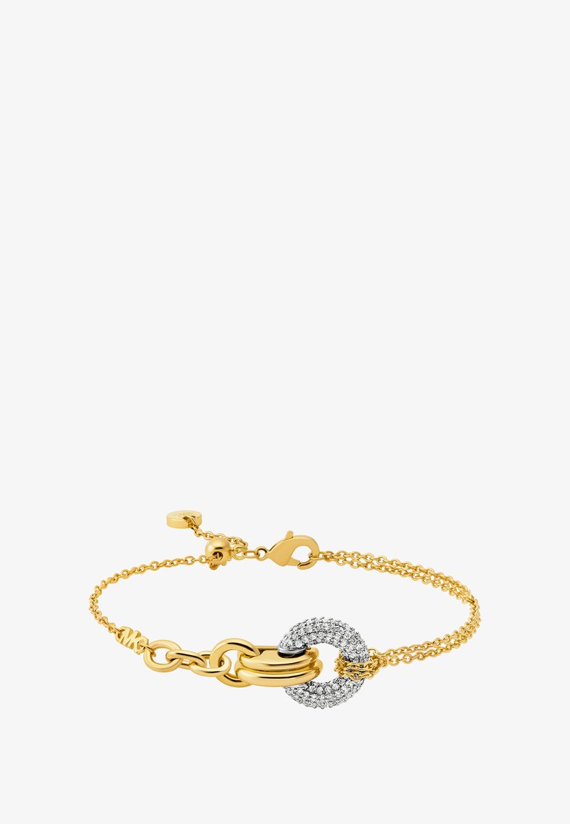 Kultaketju, jossa on pyöreä riipus, johon on koristeltu kirkkailla kristalleilla, linkit ovat toisiinsa kytkettyjä ja siinä on turvallinen hummerilukko.