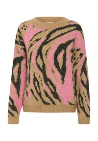 Maglione lavorato a maglia beige, con una stampa animale astratta nera e rosa. Collo rotondo, maniche lunghe, con una finitura strutturata.