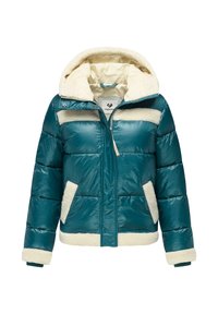 Tyrkis pufferjakke med en faux-shearling hætte og kant, med lynlås foran, to sidelommer og quiltet design. Foret inderside.