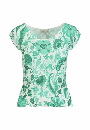 Bluză albă cu mâneci scurte, cu modele florale și de viță de vie verzi, decolteu rotund și talie ajustată, prezentată pe un fundal alb simplu.