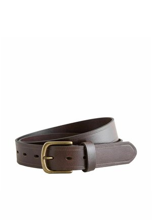 Brown leather belt coiled with brass rectangular buckle and multiple adjustment holes on a white background.